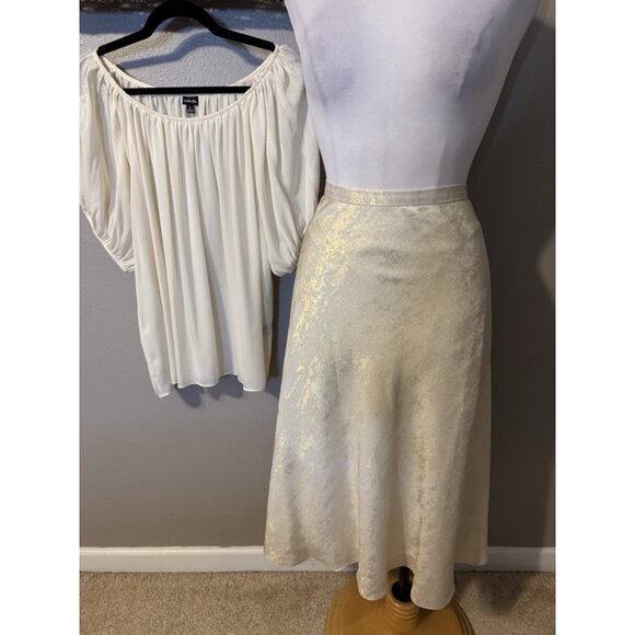 Alex Marie A Line Skirt 14 Gold Cream Stretch Washable Midi Flowy Shimmer - Picture 4 of 16
